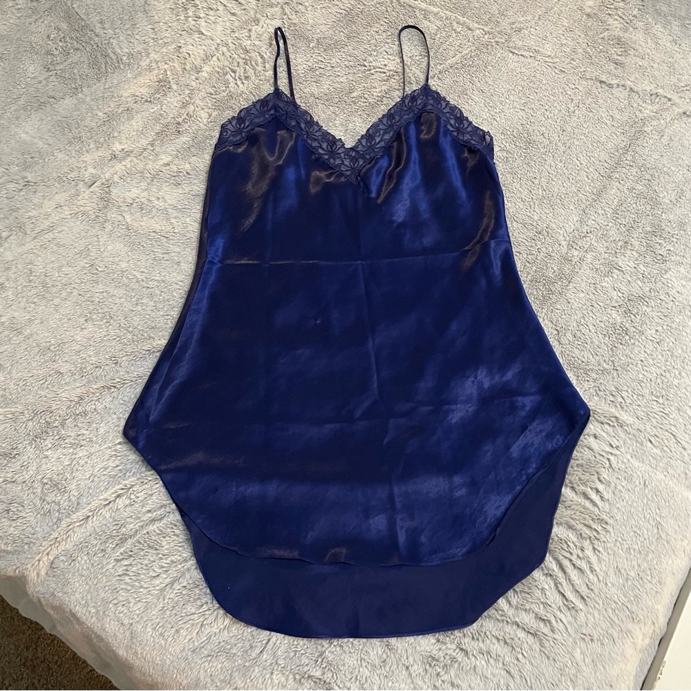 Victoria's Secret Deep Blue Satin Lace-Trim Slip Chemise